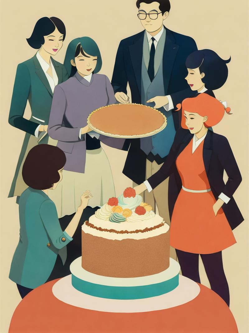 01053-4263500157-a group of people standing around a cake on a table with a woman holding a pie on top of it by Victo Ngai.png